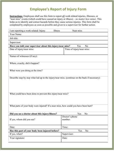 employee injury report form template
